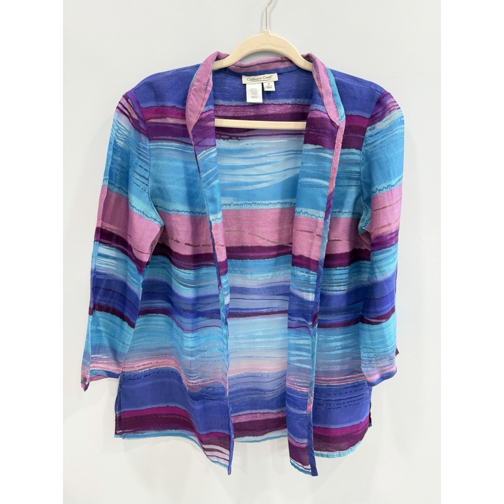 Coldwater Creek Linen Blend Striped Open Front Jacket Blue Purple Pink 12